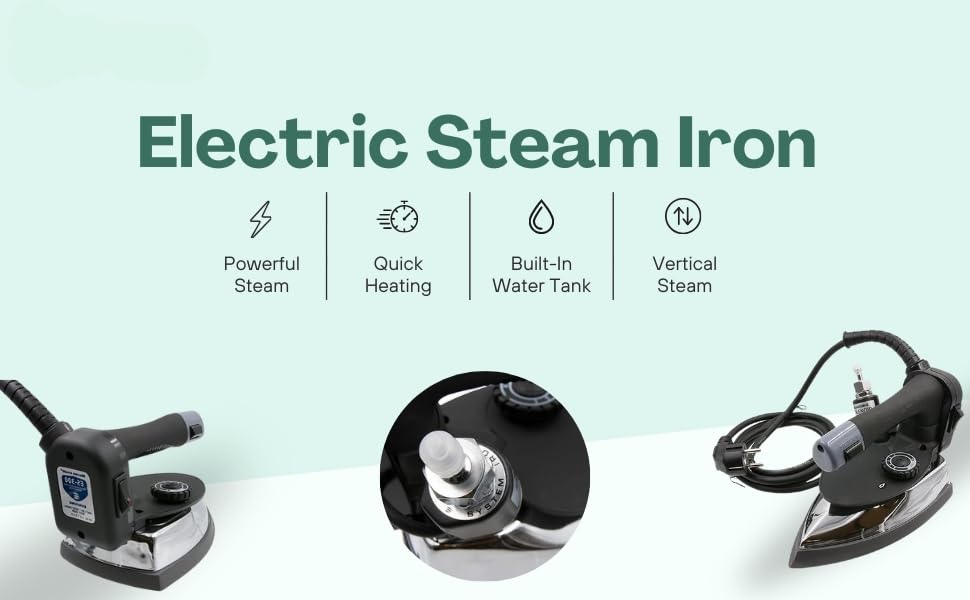 Diagram showing the Silver Star ES-300L iron with icons for powerful steam, quick heating, built-in water tank, and vertical steam.