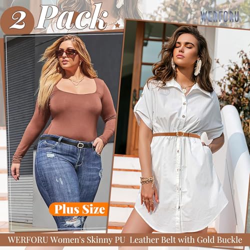 WERFORU 2 Pack Women's Skinny PU Leather Belt with Gold Buckle Ladies Thin Leather Plus Size Waist Belt for Jeans Dress3
