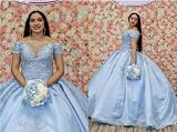 TSxuelian Damska słodka sukienka z odsłoniętymi ramionami z koralikami Quinceanera koronkowa aplikacja sukienki balowe, bladoniebieski, 36