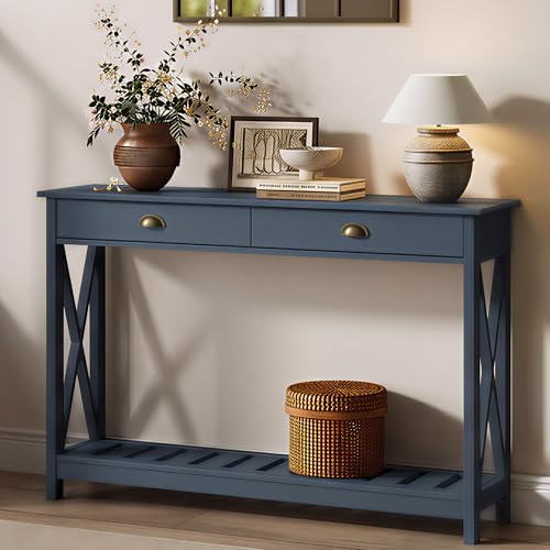 ChooChoo Console Table with Drawer for Entryway Narrow Long Entry Table with Shelf for Living Room Rustic Vintage Hallway Sofa Table with Stable X Supports 40 Blue
