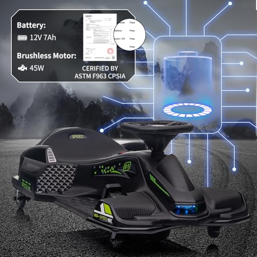 Image of 12V Kids Ride on Drift Car for Kids, 7ah 45W Motor Electric Drifting Go-Kart Up to 5 mph Variable Speed, Built-in Music,Colorful Tail LED Light,USB,Low-Power Alarm, Max Load 110lbs, Black