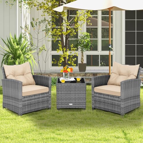 Image of Tangkula 3 Pieces Wicker Patio Furniture Set, Outdoor Rattan Conversation Cushioned Chair Set with Tempered Glass Side Table, for Porch, Balcony and Garden
