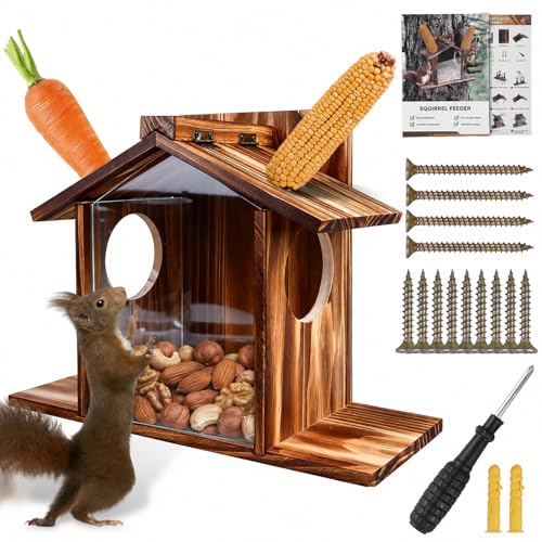 Eichhörnchen Futterhaus Wetterfest aus Holz Robust Eichhörnchen Haus mit Leinöl-Beschichtung Belüftungslöchern und großer Futterstation Futterstationen für Eichhörnchen & Kobel