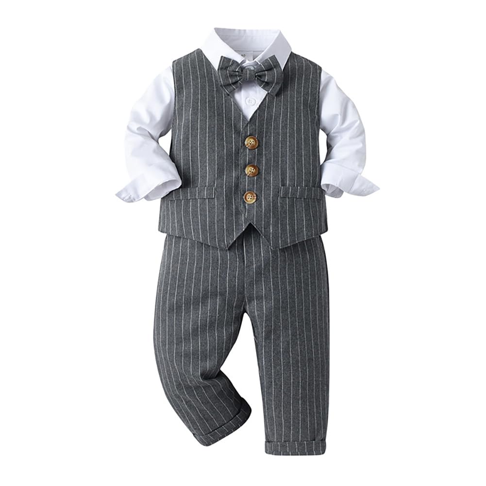 FYMNSI Costume festif pour bébé garçon - Costume gentleman - Costume de baptême - Chemise à manches longues avec nœud papillon - Pantalon - Gilet - 3 pièces