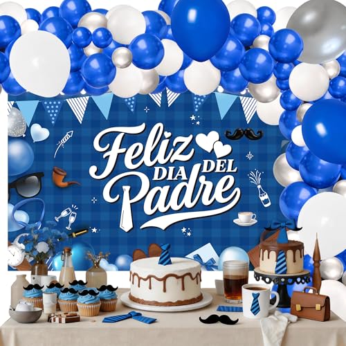 FodeMoraka Feliz Dia Del Padre Decoracion - 108 Pcs Blue Happy Fathers Day Decorations Backdrop Banner Balloon Arch Decor Set Mexican Spanish Party Supplies for Father Dad Home Outdoor Photography