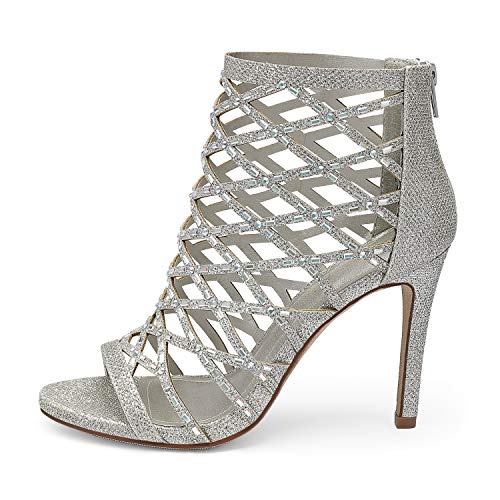 Dream Pairs Women's Silver Rhinestone Ankle Strap Open Toe Stiletto Heel Sandals Cutout Dress Pump Shoes Size 7.5 B(M) Us Paven #TOP2