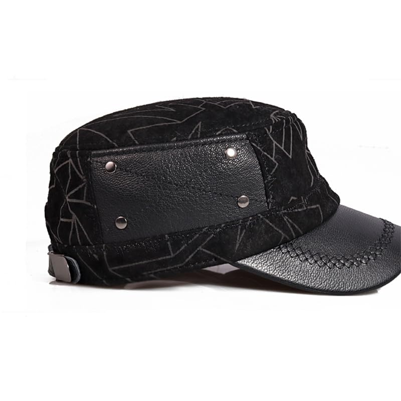 Berretti Piatti in Pelle Cappello Militare Militare Caldo Regolabile Uomo Gioventù Lingua D'Anatra Cappelli for papà Stampa Geometrica(Schwarz,XL 57 58cm)