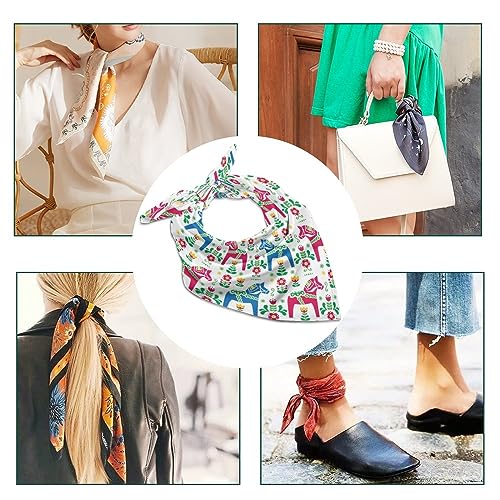 Swedish Folk Art Daleclarian Horse Women's Square Hair Scarves Silk Like Neck Wraps Headscarf Sleeping Kerchief 18"/25"3