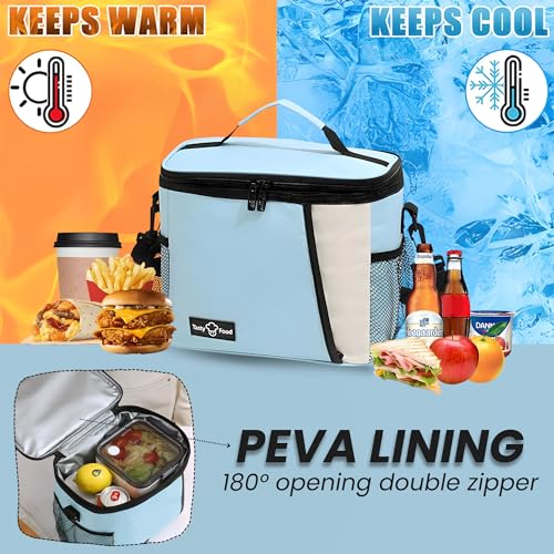 Image of OCEANEVO Insulated Lunch Bag with Luggage Tag, Tiffin Bag for Office with Handle and Shoulder Strap for Men and Women - 25 x 17.5 x 20 Cm - Sky Blue