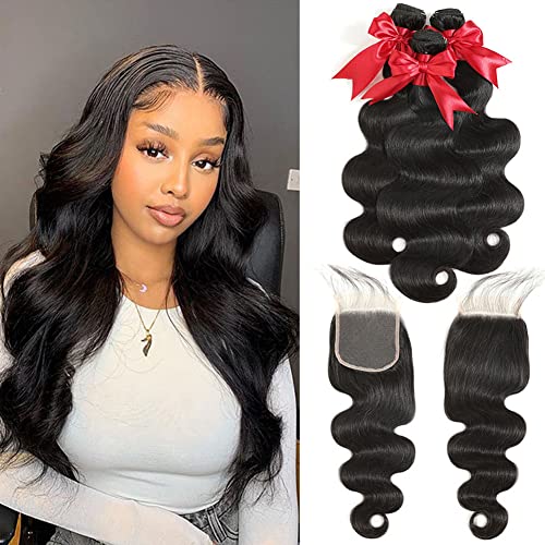 10A Body Wave Bundles with Closure 100% Human Hair Bundles with Closure Brazilian Virgin Body Wave Bundles with Lace Closure (18 20 22+16 closure)