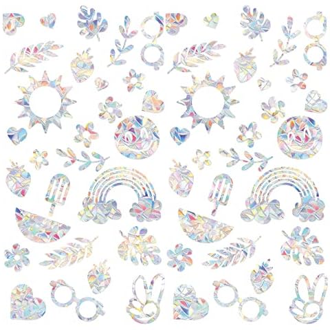 PLIGREAT 56Pcs Cute Cartoon Window Decals, Static Window Stickers, Crash Proof Window Clings Glass Alert Stickers Anti-Collision Window Decals for Birds, Rainbow Effect Suncatchers Stickers Cover