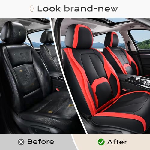 Image of Coverado Seat Covers, Car Seat Covers Front Seats, 2 Pack Black and Red Leather Seat Covers, Waterproof Car Seat Protector with Lumbar Support, Front Seat Covers Universal Fit for Most Cars