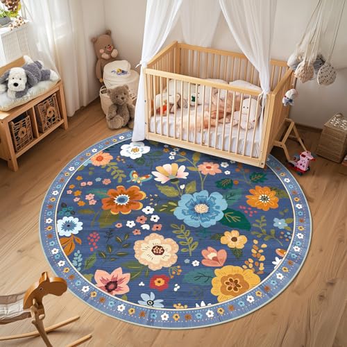 Floral 4ft Area Rug Machine Washable Soft Print Boho Carpet Non Slip Doormat Low Pile Flower Area Rugs for Living Room Bedroom Nursery Kitchen Dining Room Indoor-Blue/Grey