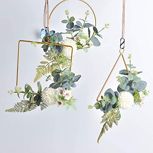 SH Lot de 3 couronnes créoles artificielles en métal Hydtensia artificiel en forme de couronne de cerceaux floraux pour décoration murale de mariage, blanc, triangle,Round,square