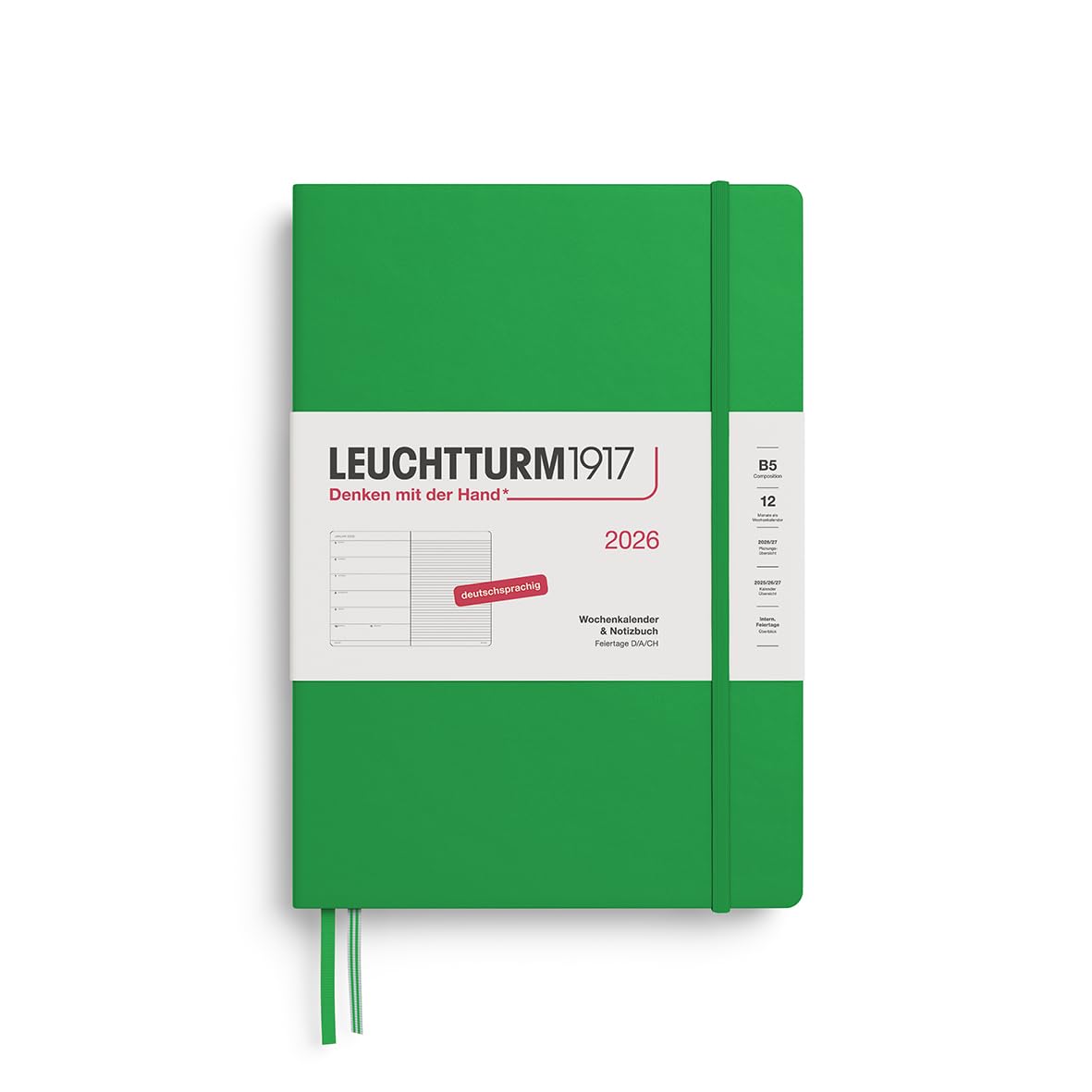 LEUCHTTURM1917 372465 Weekly Calendar & Notebook Composition (B5) 2026, 12 Months, Spring Leaf, German
