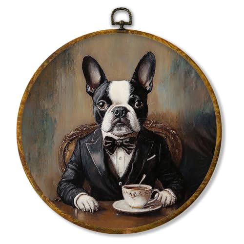 Hiuwevt Vintage Funny Coffee French Bulldog Round Wall Art Decor, Retro Aristocratic French Bulldog Framed Canvas Prints, Pet Round Wall Hanging Decor for Bedroom Home Decorations, 10x10 Inches