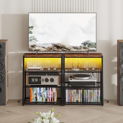 HOOBRO 4-Tier AV Media Stand, Stereo Stand with Charging Station and LED Light, Wooden Stereo Cabinet, Rack Audio Tower, Corner Entertainment Center, 30'', Rustic Brown and Black BF107UDCJ01 - Image 6