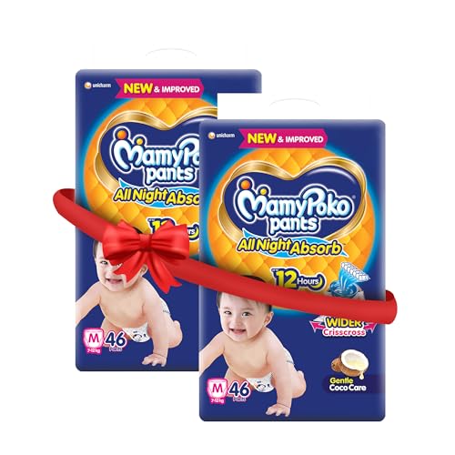 Image of Mamypoko pants All night absorb| Pant Style Baby Diapers Medium Size(M), 92 Count, Ideal for 7-12Kgs|1 Diaper= Upto All night Absorption|Wider Crisscross Sheet|Gentle Coco Care| 12hr Leakage Protection| Prevents Heaviness (Pack of 2)