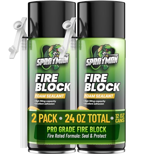 SPRAYMAN Fire Block Spray Foam - (2x12oz) Orange Fire Block Spray, Fire Rated Polyurethane Foam for Gap Filling, Sealing on Windows & Doors, Walls, Joints & Pipes, Straw Use - 2 Pack