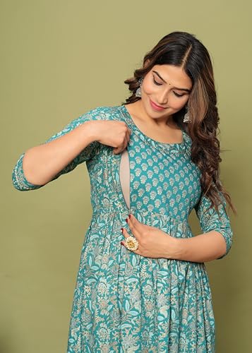 Image of Maternity Feeding Kurti for Women | Cotton Blend Anarkali Dress with Nursing Zip for Pre & Post Pregnancy