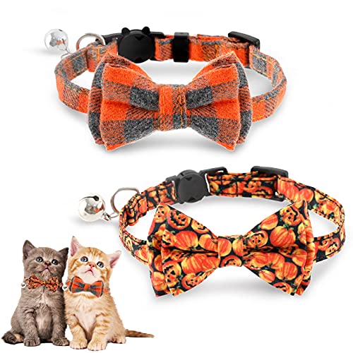 Whaline 2 Pack Fall Cat Collar Thanksgiving Halloween Pet Bowtie Collar with Orange Gray Buffalo Plaid Scary Pumpkin Pattern Bow Tie Collar Adjustable Cat Collar for Small Cats and Dogs