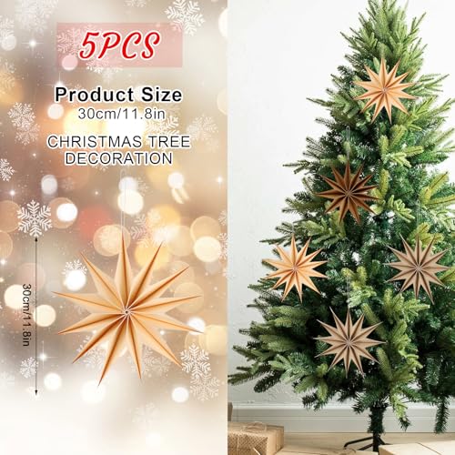 Image of 12 Inches 5 PCS Brown Paper Star Lanterns Hanging Khaki Stars Christmas Party Decorations Hanging Beige Lampshade Christmas Wedding Birthday Christmas Home Party Decorations (12 Pointed)