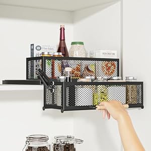 HOUSE AGAIN 2 Tier Pull Out&Down Cabinet Organizer, Drop Down Spice Rack Shelf Easy Reach for Upper Kitchen Cabinet, Slide Out Storage Basket Drawer with Handle for Pantry/Cupboard/Office, 2 Fix Mode