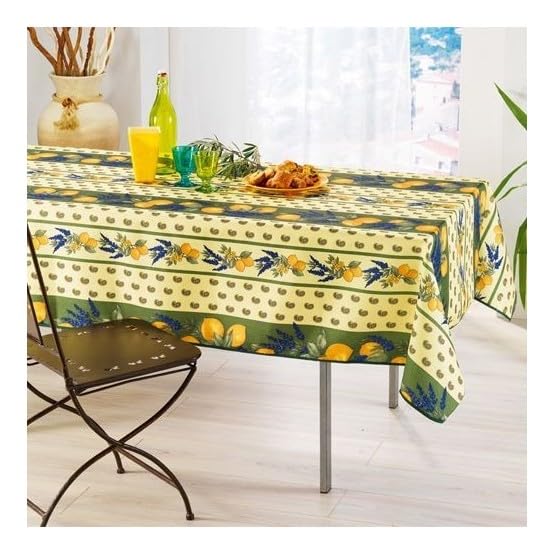 Promo Linge Nappe Provençale Rectangle ou Ronde Anti-Tâche 100% Polyester - Citron (Vert, 150x300cm)