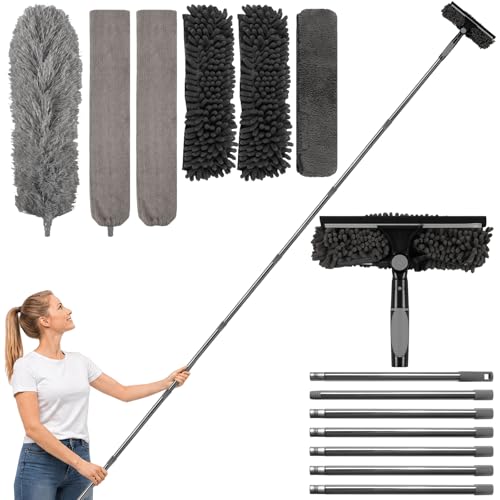 marysgift 2 9 M Teleskop Fensterwischer Abzieher Set Staubwedel Teleskop 2 in 1 Teleskopstange Fensterreinigung für Bad Fenster Glas Spiegel Auto Staubwedel Lang Ausziehbar für hohe Decken (Grau)