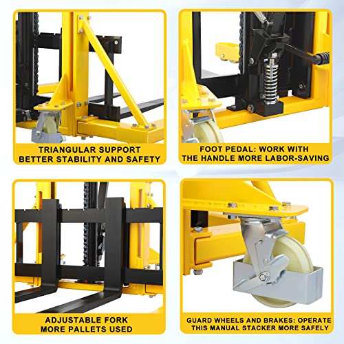Xilin Manual Pallet Stacker 2200lbs Capacity 63" Lift Height with Straddle Legs Adjustable Forks