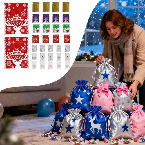 Sacs de Noël avec cordon de serrage : lot de 33 pièces réutilisables pour décoration de fête