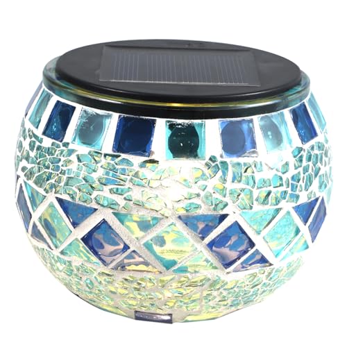 DECOMELODY Lampe Solaire Led En Verre Mosaïque Pour Jardin Et Patio, Couleur Bleu Translucide, Étanche Ip65, Éclairage Décoratif Extérieur Solide, Ambiance Romantique Pour Pelouse Et Balcon