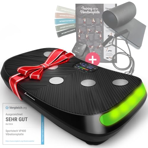 Sportstech 4D Vibrationsplatte für Zuhause, VP400 und sVibe, Smart LED, Trainingsbänder und Ropes, Abnehmen, Ganzkörpertraining, Muskelaufbau, 120 kg belastbar, Fitness Training