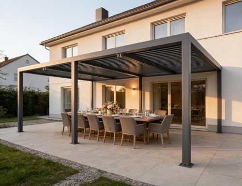 PURPLE LEAF Pavillon 3.65 x 6 m Terrassenüberdachung Freistehend Verstellbaren Aluminium-Lamellen Wasserdicht Stabil Winterfest Pergola mit Lamellendach für Carport, Grau