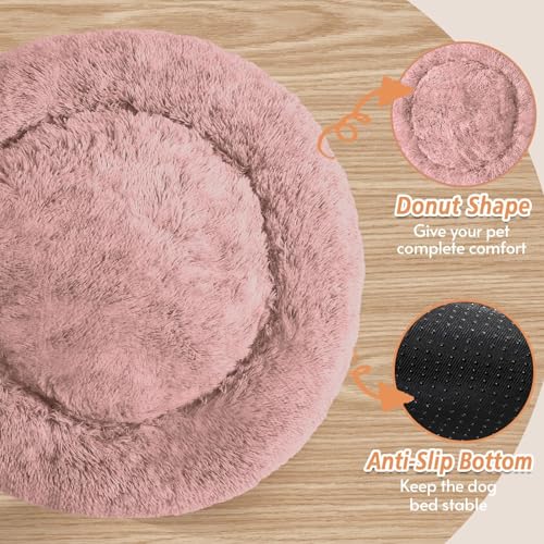 Image of JOLLYVOGUE Calming Dog Bed Medium Size Dog, 31in Donut Washable Medium Pet Bed, Anti-Slip & Anti-Anxiety Fluffy Faux Fur Round Dogs Bed, Fits up to 45 lbs Pets (Dark Pink)