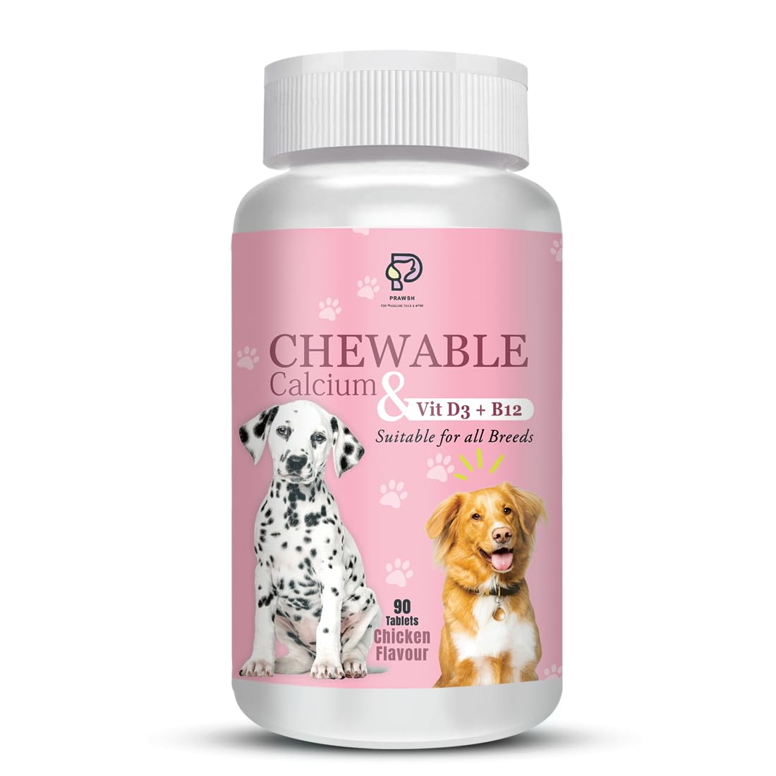 PRAWSH Chewable Calcium Tablet Calcium for Dogs Supplement with Vitamin D3, B12, Magnesium & Zinc | Chicken Flavour - 90 Tablets