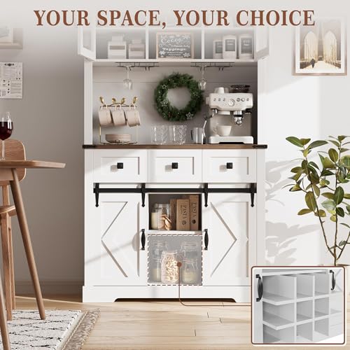 72" Farmhouse Bar Cabinet with Sliding Barn Door, Tall Kitchen Buffet with Storage Hutch and 3 Drawer, Rustic Coffee Wine Bar Sideboard with Wine & Glasses Rack, for Living Room, Pure White