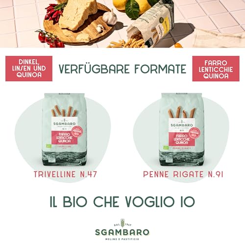 Sgambaro Bio Pasta Trivelline N.47-500 g mit Dinkelmehl, Linsenmehl und Quinoamehl – Hoher Proteingehalt, Quelle von Ballaststoffen und Eiweiß