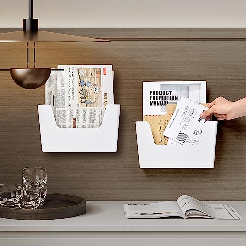 YOHOM Zeitungshalter Wand Zeitschriftenhalter Prospekthalter Wand Briefhalter Wandprospekthalter A4 mit 2 Montagearten (Kleben/Bohren) Ablagefächer Wand für Dokumente, Magazine, Bücher Weiß 2 Stück