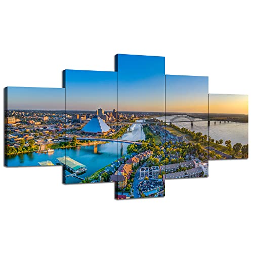 Memphis City Wall Art Memphis Downtown Skyline Wall Decor Tennessee Sunset Picture Canvas Print Poster Painting Stretched Frame Home Living Room Bedroom Decoration 5 Panel(60X32 Inches) #TOP5