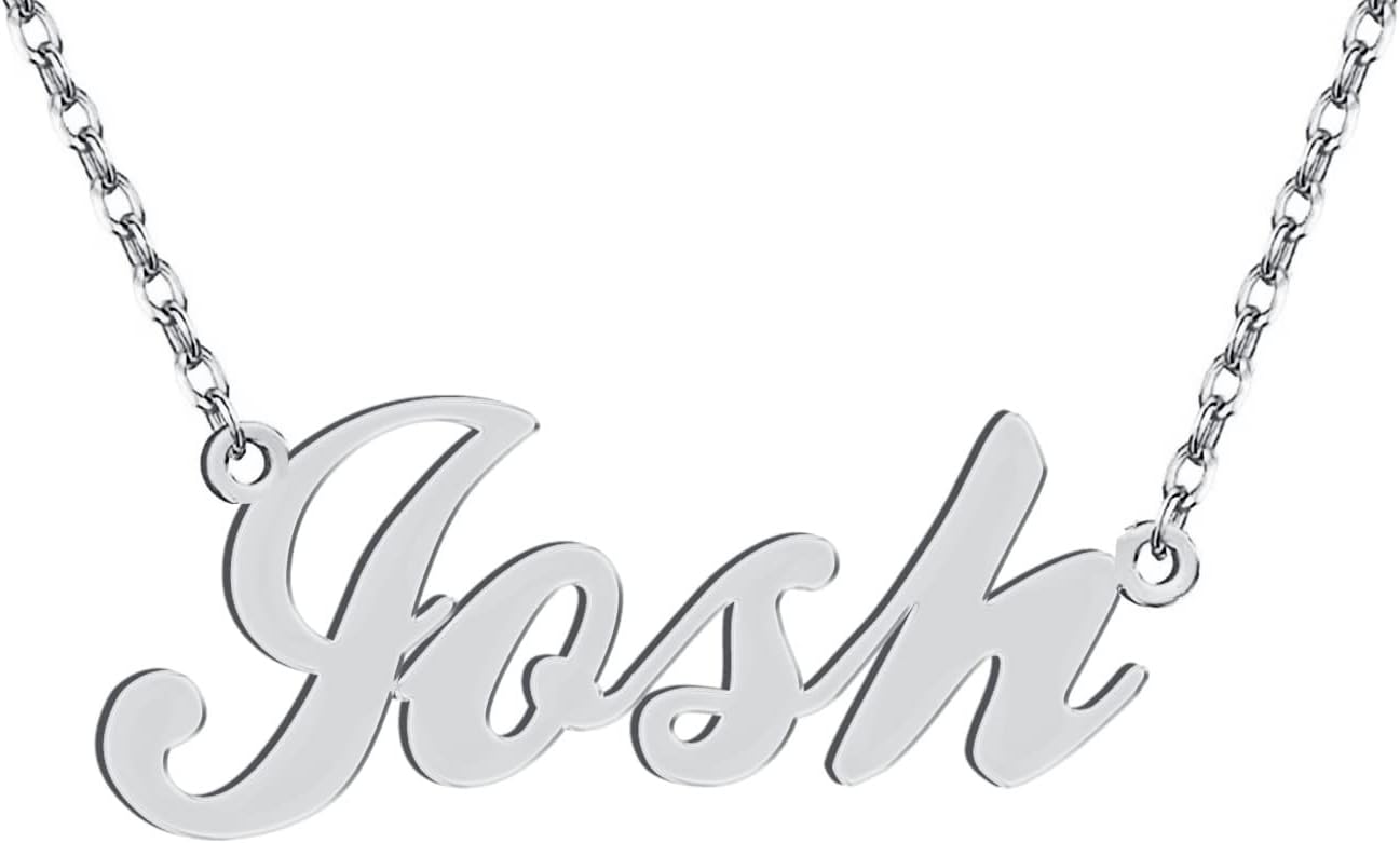 Dancing Wolf Silver Josh Name Necklace Initial Charm Nameplate Necklaces for Womens Birthday Friendship Jewelry Stainless Steel