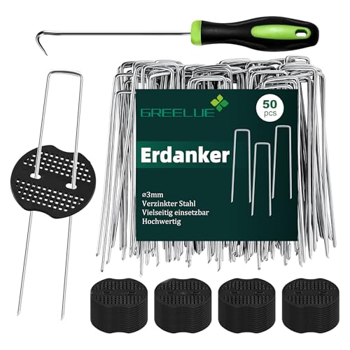 GREELUE Erdanker Bodenanker, 50 Stück 150x25mm Ø3mm, Mit Pufferscheiben, Anti Rost Verzinkter Stahl - Für Unkrautvlies, Garten, Gartenvlies & Zaun (50)