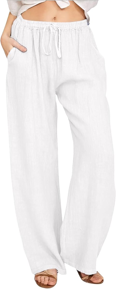 CHARTOU Women's Summer Drawstring Waist Wide Leg Loose Cotton Linen Palazzo Pants (Medium, White) at Amazon Women’s Clothing store