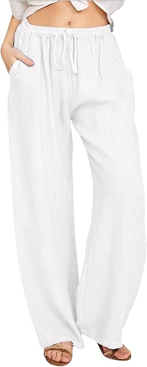 CHARTOU Women's Summer Drawstring Waist Wide Leg Loose Cotton Linen Palazzo Pants