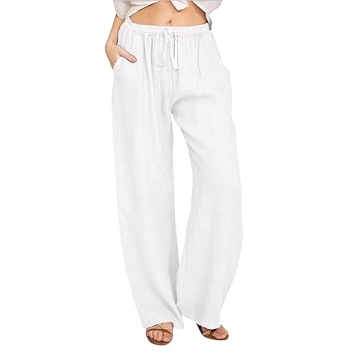CHARTOU Women's Summer Drawstring Waist Wide Leg Loose Cotton Linen Palazzo Pants (Large, White)