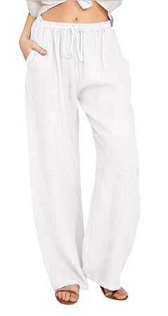 CHARTOU Womens Summer Drawstring Waist Wide Leg Loose Cotton Linen Palazzo Pants