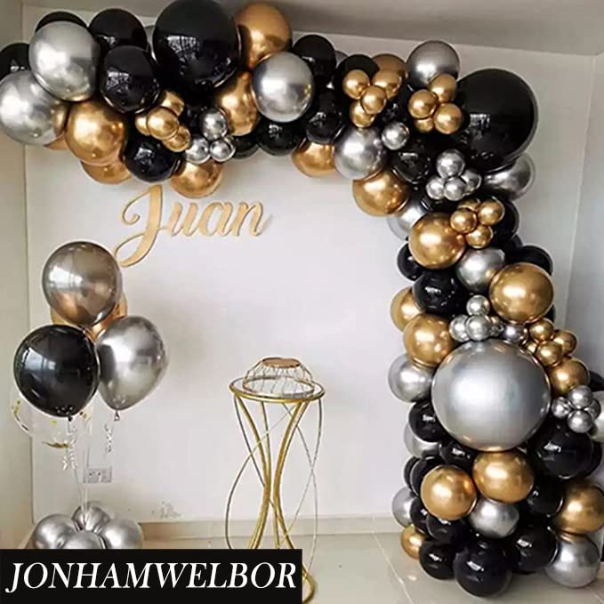 Image of Jonhamwelbor Black Balloons 12 inch 100 Pack Black Latex Metallic Chrome Balloons for Birthday Halloween Graduation Baby Shower Party Decorations (with Ribbon)