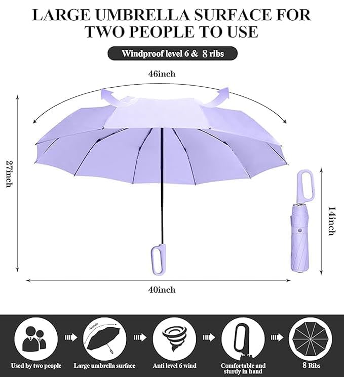 Image of LANBRELLA Portable & Folding Travel Umbrella, 3 Fold, Auto Open Close, Water Resistant, Windproof, with Carrying Handle (PURPLE)