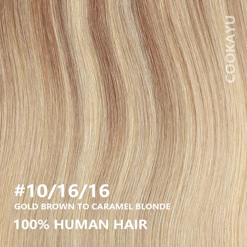 Image of COOKAYU Clip in Hair Extensions Real Human Hair, 10 /16 /16 Gold Brown to Caramel Blonde Ombre Hair Extensions Clip in Human Hair, 14inch 120g 7Pcs