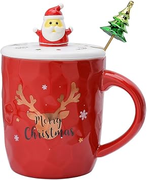 Christmas Coffee mug,Ceramic Santa Tea Cups with 3D lid and Spoon,14OZ Novelty mugs for Thanksgiving day,Halloween Christmas gift for women men girls boys Red